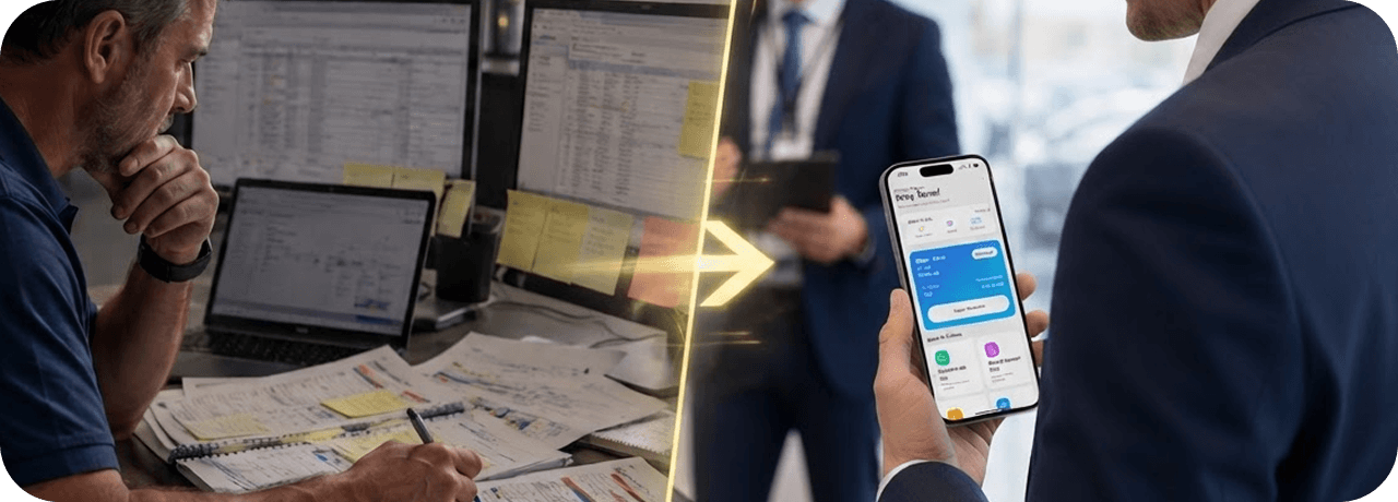 Left: a manager buried in spreadsheets and paper notes. Right: a salesperson using The Bell System on a phone with a customer.
