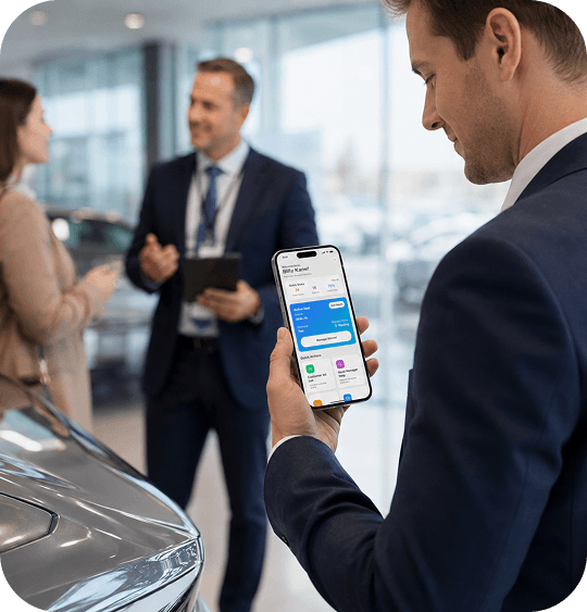 A salesperson reviewing The Bell System on a phone while a manager greets a customer on the showroom floor
