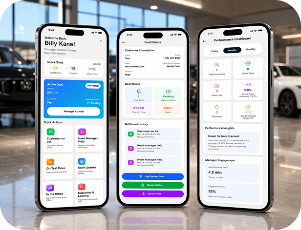 Three phones showing The Bell System: quick actions, deal details, and a performance dashboard