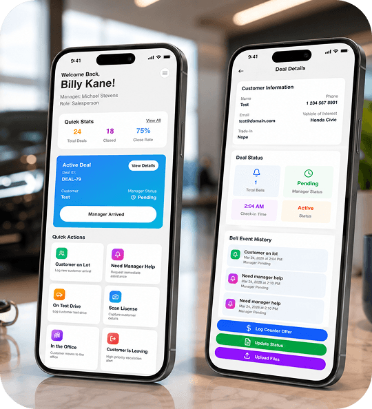 Two phones showing The Bell System: a salesperson dashboard and a customer deal detail view